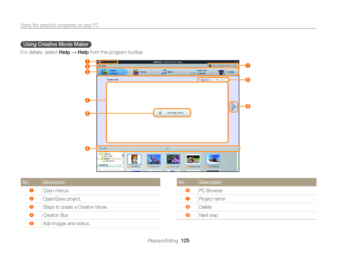 Samsung EC-WB850FBPBFR, EC-WB850FBPBE1 manual Using Creative Movie Maker , PC Browser, Project name, Delete, Next step 